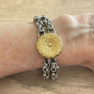 Gold Tone Flower Button Bracelet Mix Metal Chunky Link Chain Textured Medallion